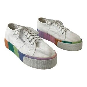 Superga Womens Size 39.5 US 8.5 White Rainbow Platform Sole Sneakers